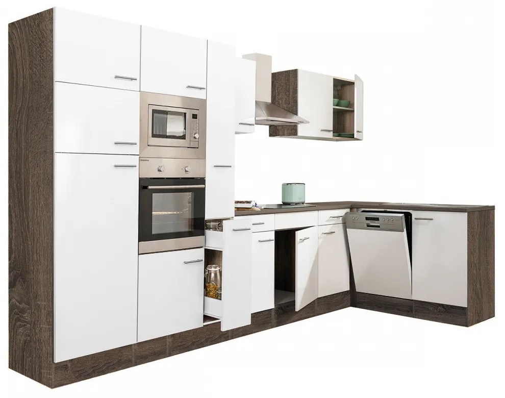 Dulap de bucătărie de colț Yorki 370, corp din stejar Yorki, cu față alb satinat