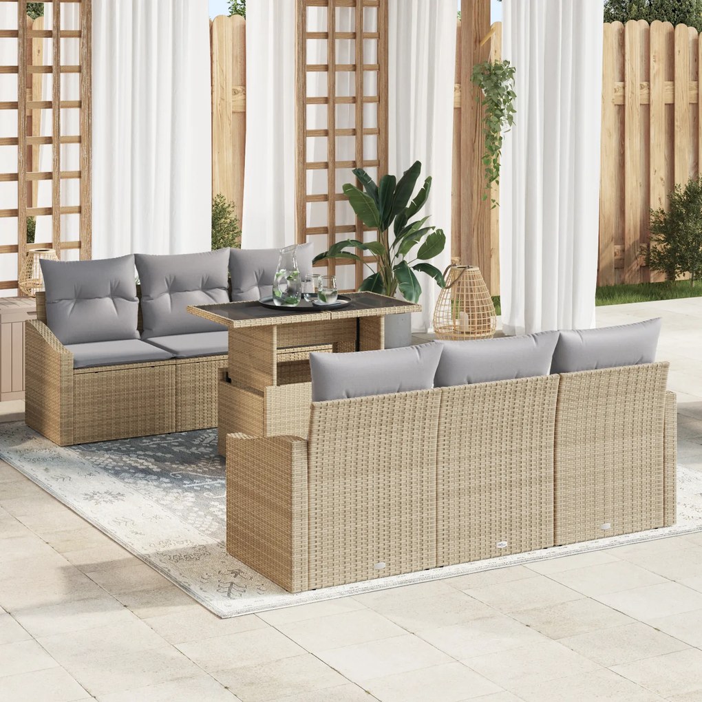 vidaXL Set de canapea de grădină, 7 piese, cu perne din rattan poly bej