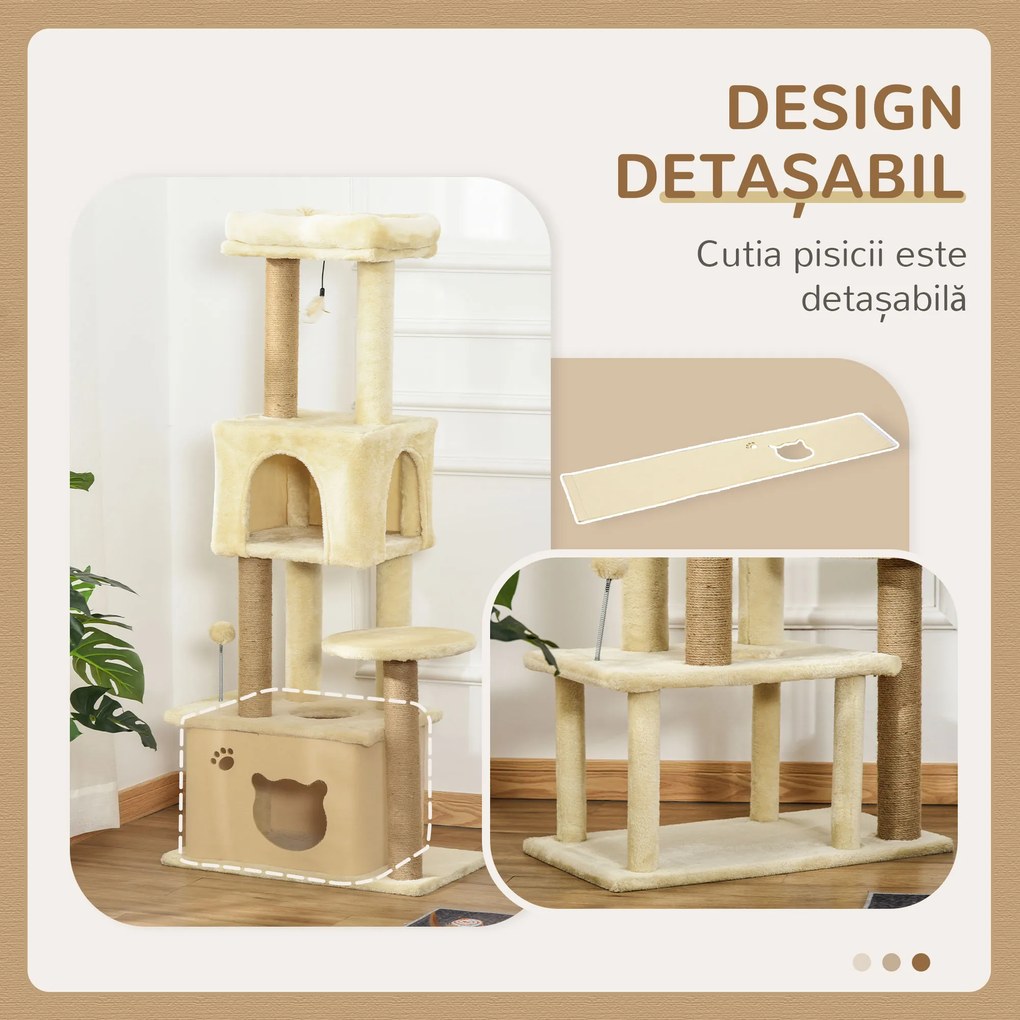 PawHut Ansamblu de joacă pentru Pisici Înalt 136 cm cu Căsuță Detașabilă, Căsuță și Pătuț, Stâlpi din Iută, Bej | Aosom Romania