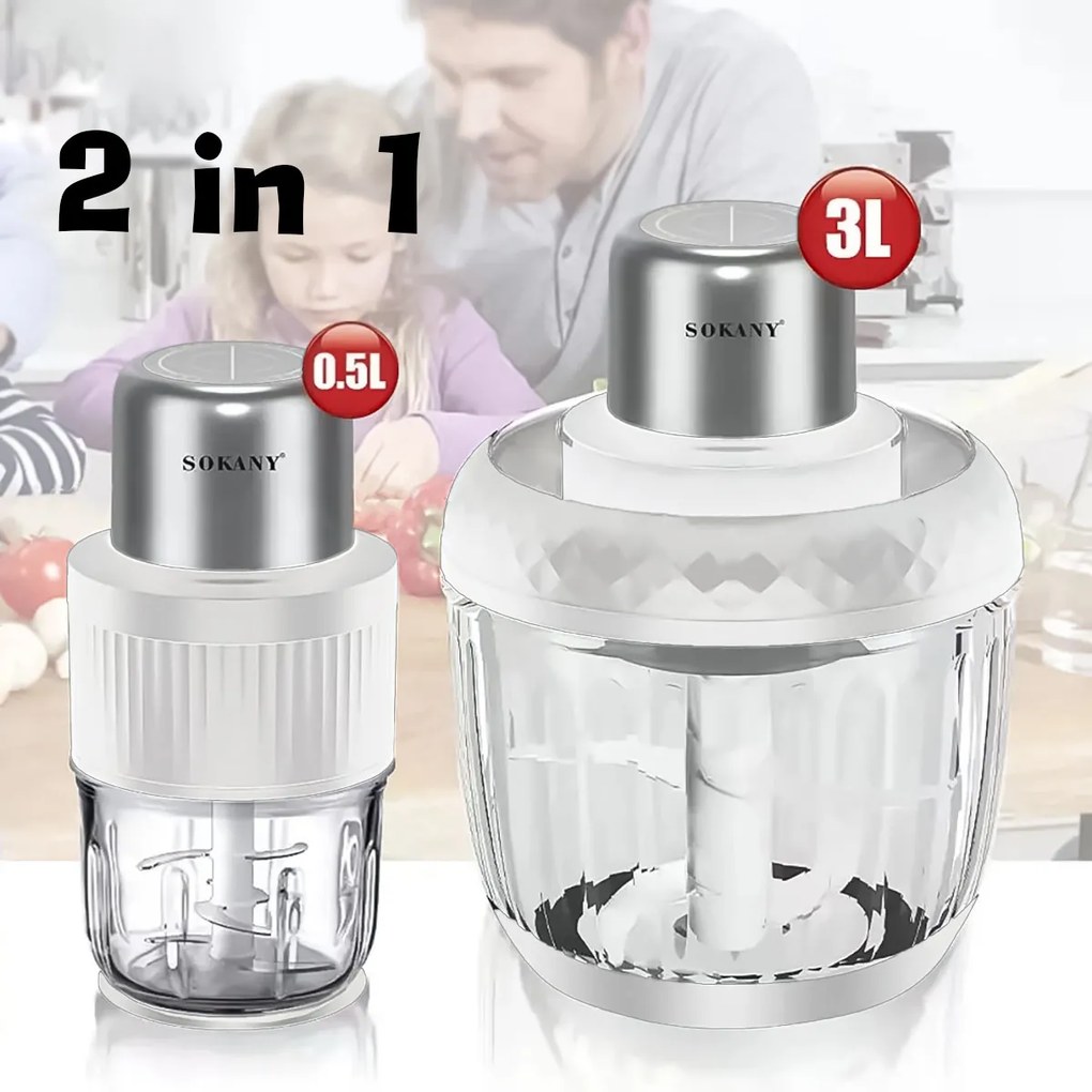 Tocator electric 2 in 1, Sokany SK-YM-7032, 4 lame din otel inoxidabil de inalta calitate, motor puternic 800 W, 3L, recipient din Sticla, Alb