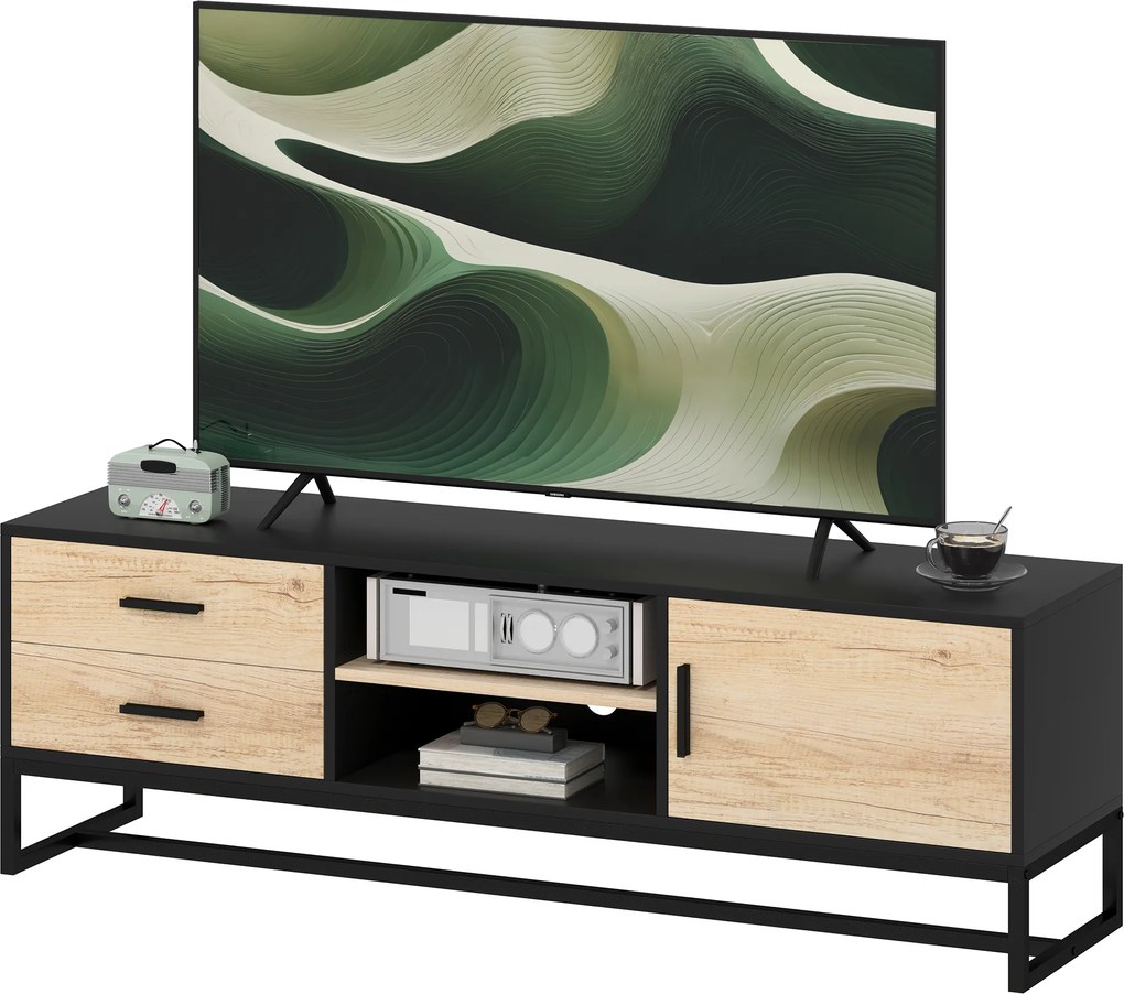 HOMCOM dulap TV cu ușă, 2 sertare, compartimente deschise, raft reglabil, Negru | Aosom Romania