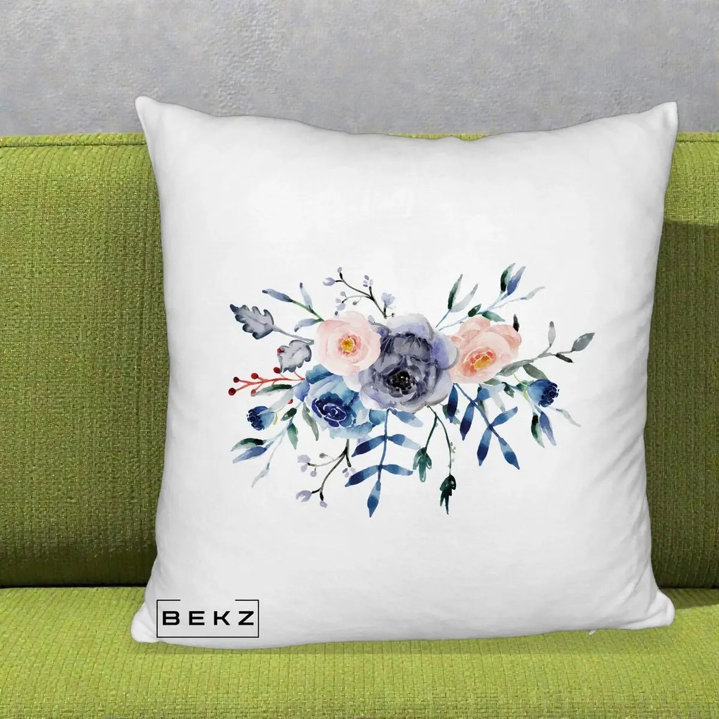 Perna Decorativa Buchet Flori Albastre Acuarela, 40x40 cm, Alb Pufos, Husa Detasabila, Perna Inclusa, BEKZ®