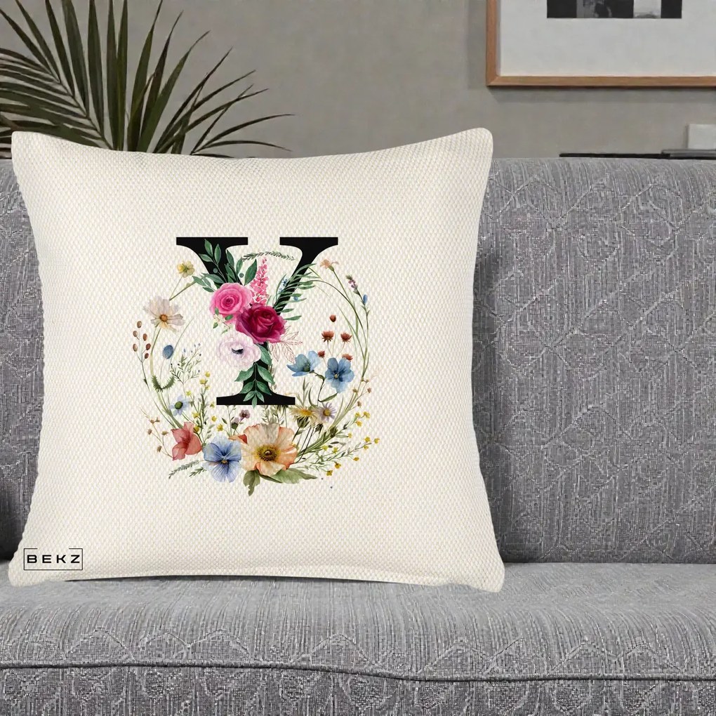 Cadou Personalizat - Perna Personalizata Monograma Florala Litera Y cu Coroana, 40x40 cm, Crem Reliefat, Husa Detasabila, Perna Inclusa, BEKZ®