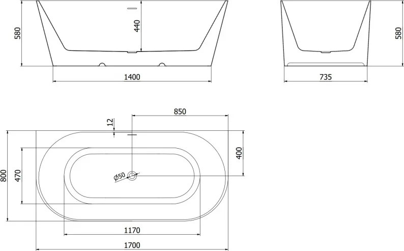 Mexen Oval Slim cadă de baie de sine stătătoare, montată pe perete 170 x 80 cm, albă, preaplin alb - 52661708000-20
