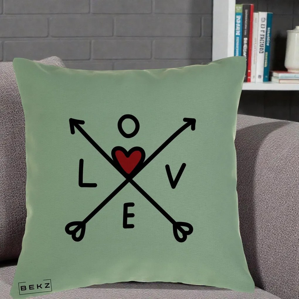 Perna Decorativa Love cu Sageti Incrucisate si Inima Rosie, 40x40 cm, Verde, Husa Detasabila, Perna Inclusa, BEKZ®
