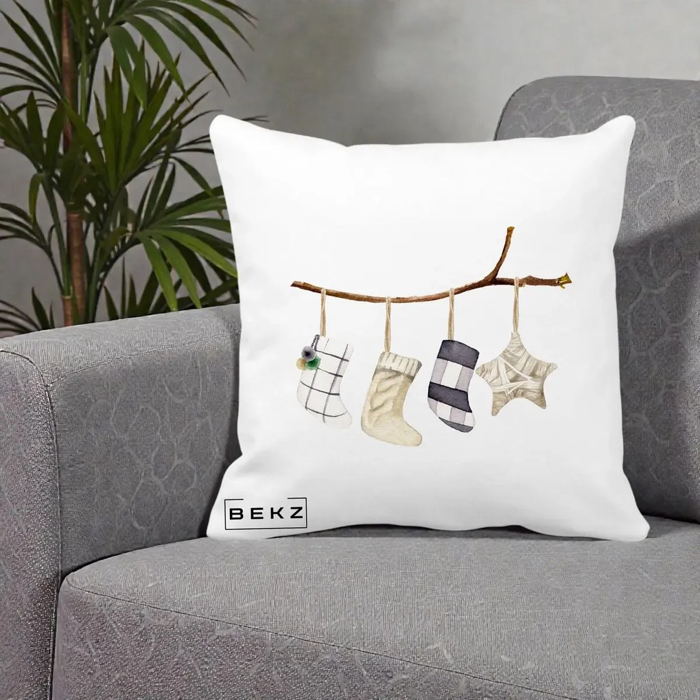 Perna Decorativa Ciorapi de Craciun pe Ramura, 40x40 cm, Alba Mata, Husa Detasabila, Perna Inclusa, BEKZ®