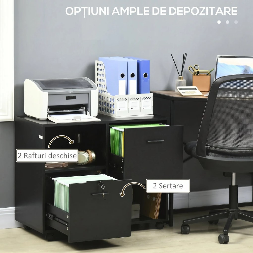 Vinsetto Dulap Mobil de Birou cu 2 Sertare pentru Dosare Rafturi Deschise PAL Manere Oțel Roti Blocare 80x40x66cm Negru | Aosom Romania