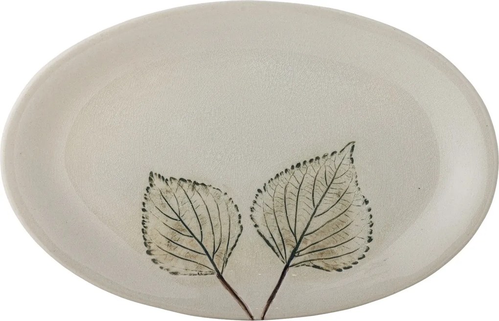 Platou de servire din ceramică artizanală natur cu finisaj antichizat și motive botanice cu frunze, 30×19×2 cm, "Aubrin