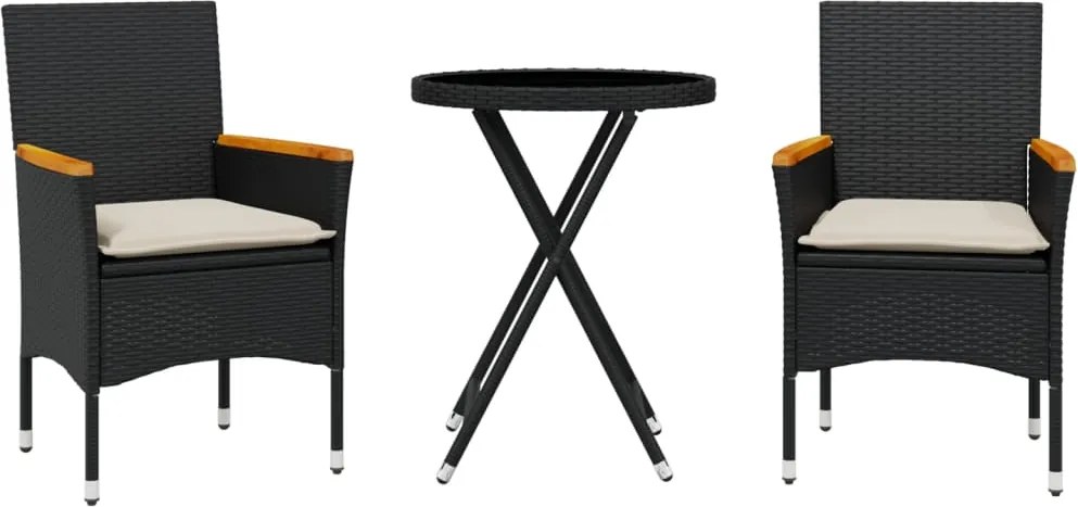 vidaXL Set bistro cu perne, 3 piese, negru, poliratan și sticlă