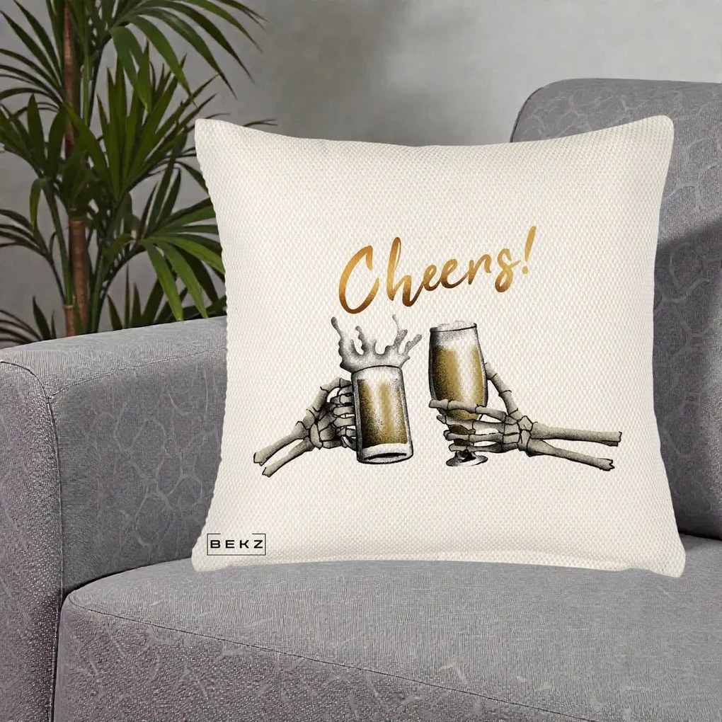 Perna Decorativa Halloween Cheers Schelete cu Bere, 40x40 cm, Crem Reliefat, Husa Detasabila, Perna Inclusa, BEKZ®