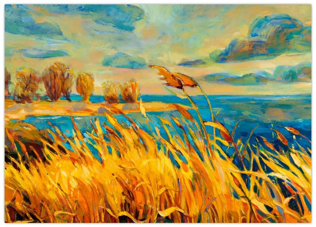 Tablou pe sticlă - Apus de soare peste lac, pictură acrilică (70x50 cm)