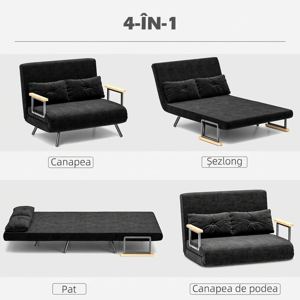 HOMCOM Canapea Pat de 2 Locuri cu Spătar Reglabil pe 5 Nivele și 2 Perne din Material Capitonat, 102x73x81 cm, Negru | Aosom Romania