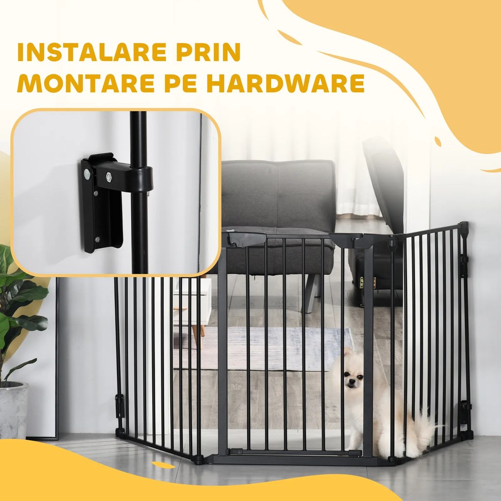 PawHut Poartă Metalică de Siguranță, Barieră pentru Câini cu Sistem de Autoînchidere, Reglabilă și Pliabilă, 180x3x74.5 cm, Negru | Aosom Romania