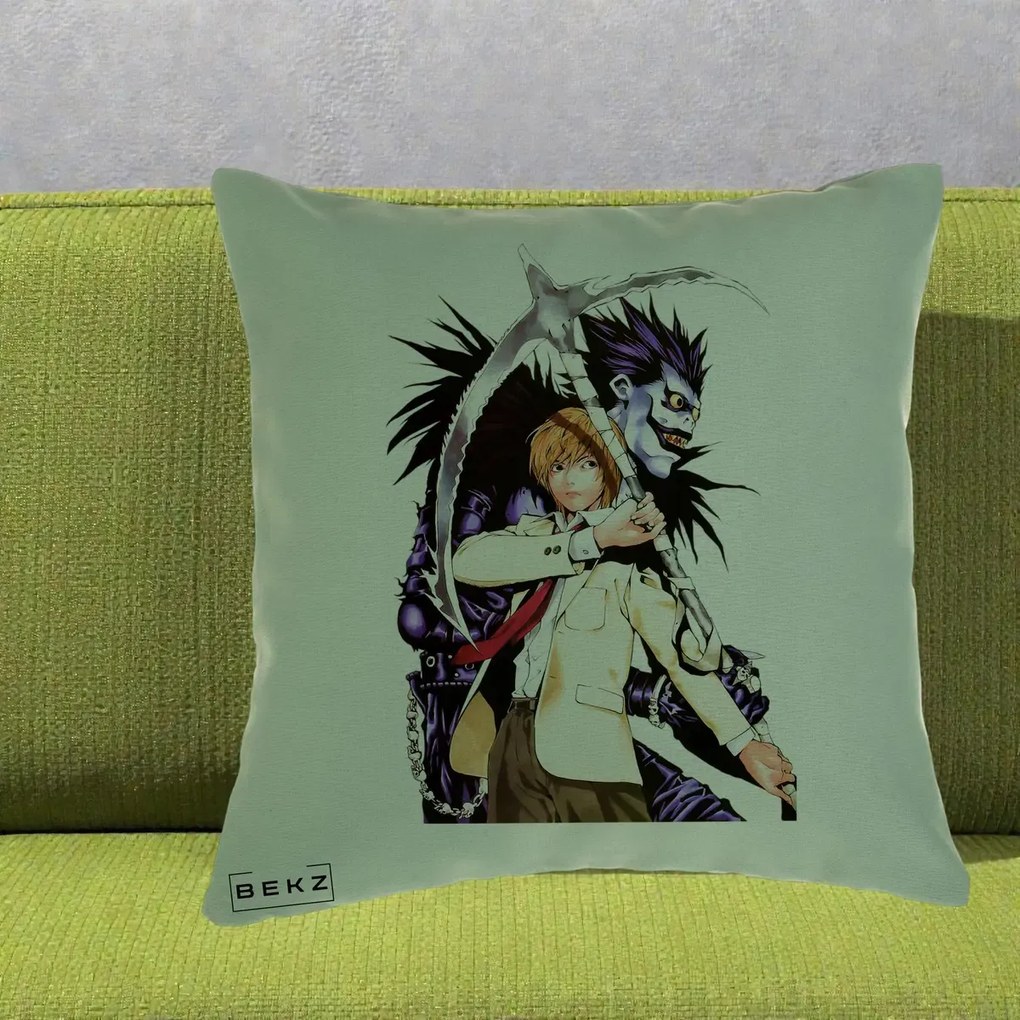 Perna Personalizata Death Note Light si Ryuk Duo, 40x40 cm, Verde, Husa Detasabila, Perna Inclusa, BEKZ®