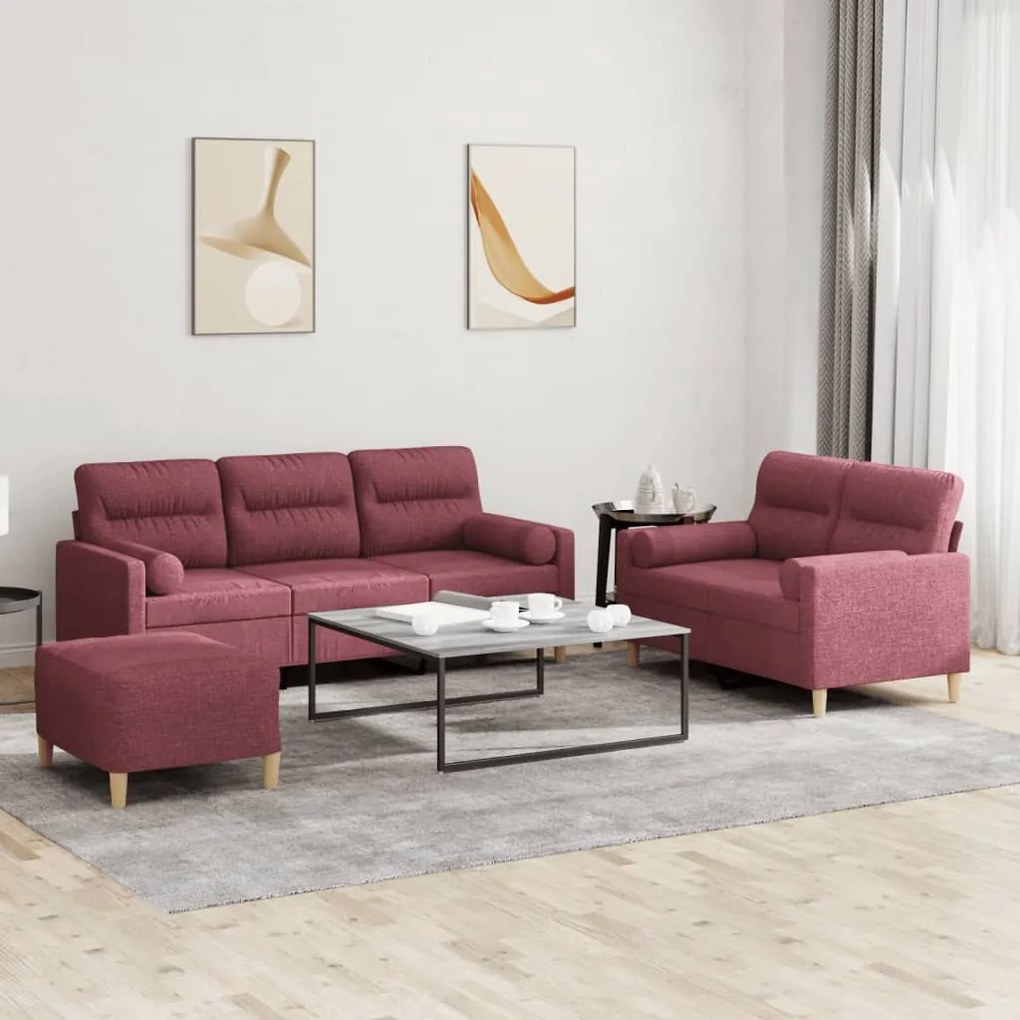 3201630 vidaXL Set canapea cu perne, 3 piese, roșu vin, material textil