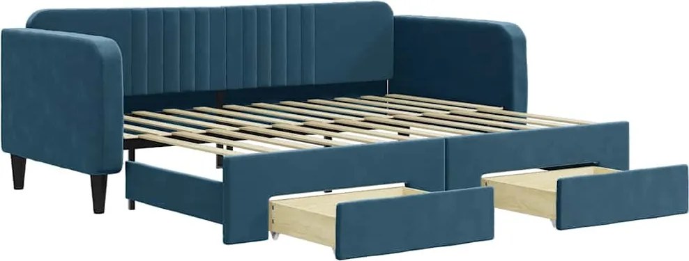 vidaXL Pat de zi cu extensie și sertare, albastru, 90x200 cm, catifea
