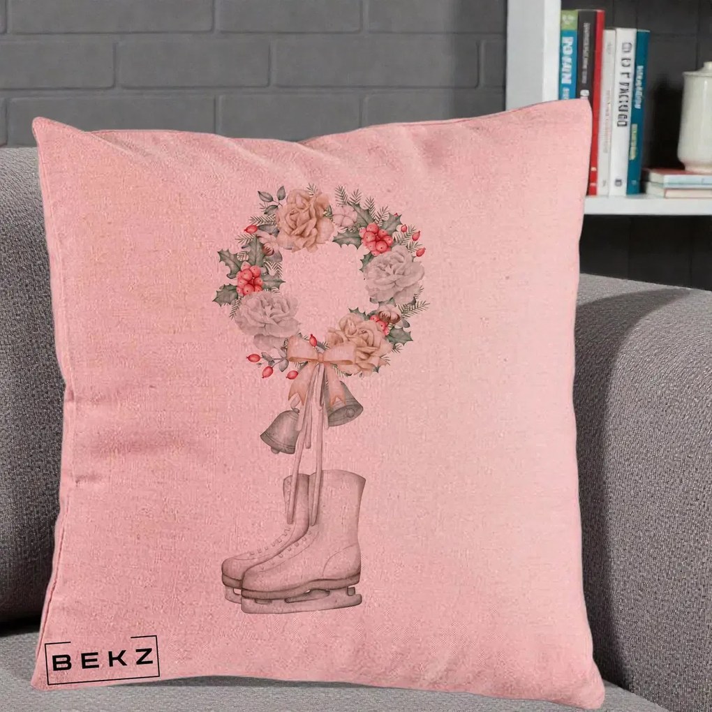 Perna Decorativa Patine cu Coroana Florala de Craciun, 40x40 cm, Roz, Husa Detasabila, Perna Inclusa, BEKZ®