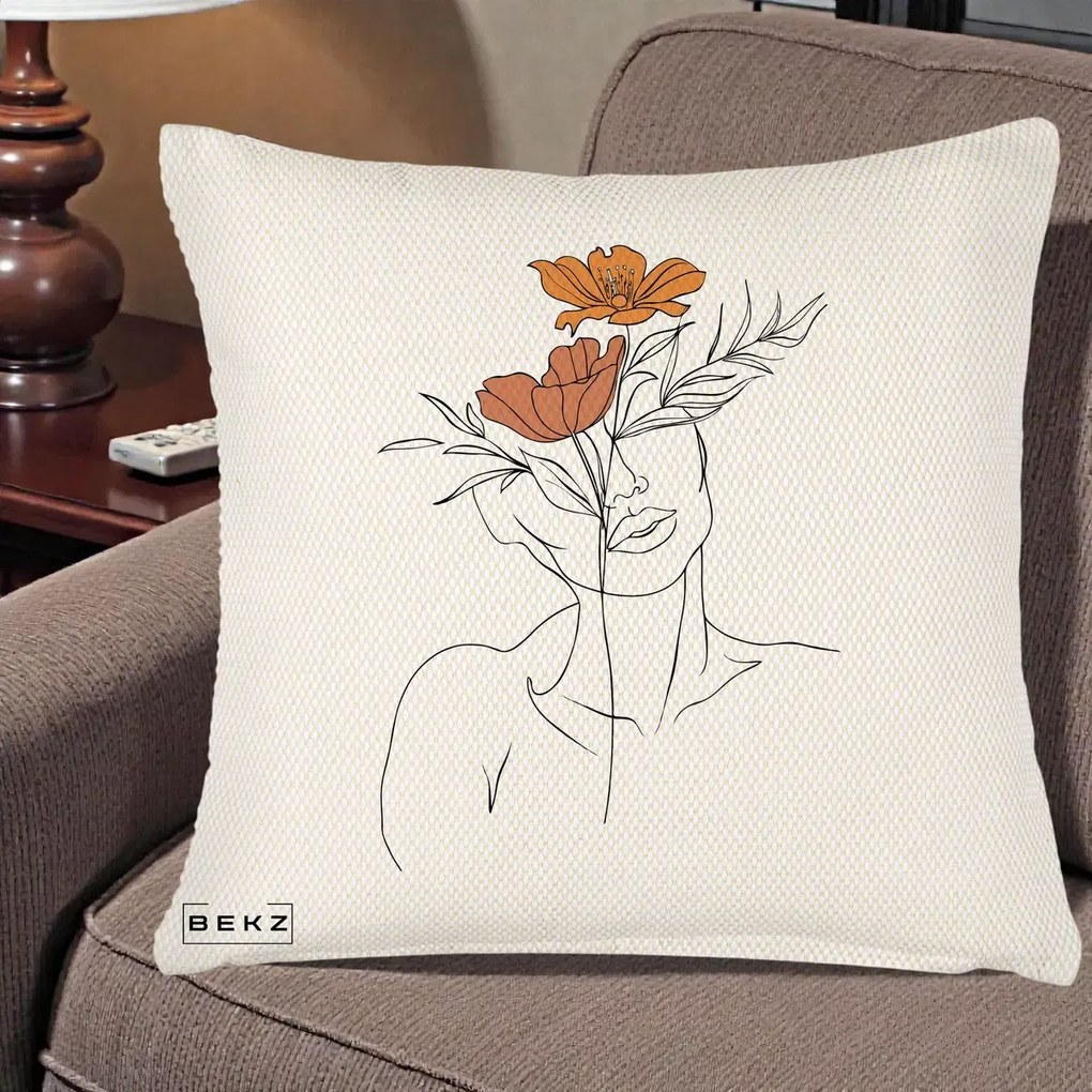 Perna Decorativa Portret Feminin Doua Flori, 40x40 cm, Crem Reliefat, Husa Detasabila, Perna Inclusa, BEKZ®