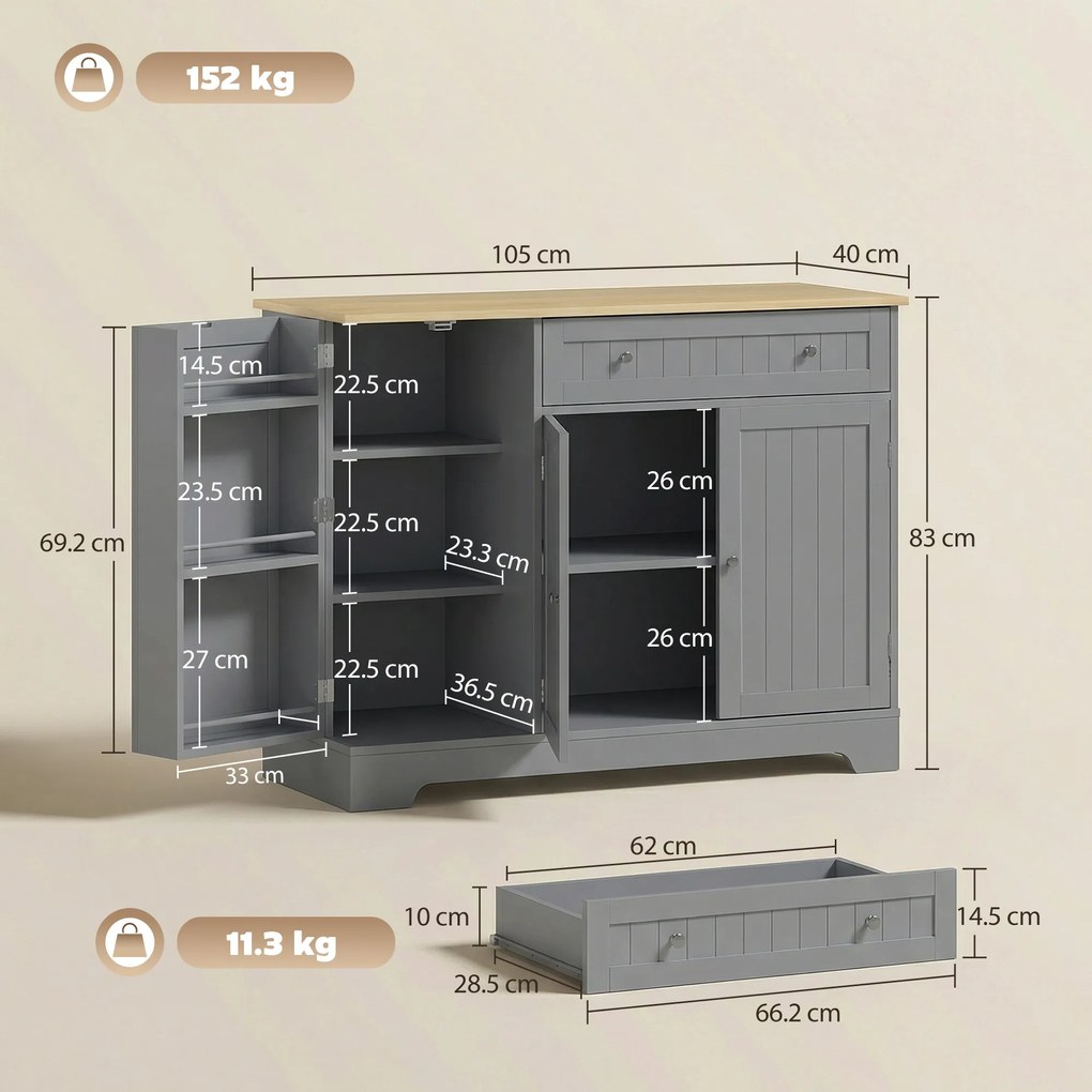 HOMCOM Bufet de bucătărie Dulap de bucătărie cu 3 rafturi pe ușă Sertar Rafturi reglabile pentru dining 105x40x83 cm Gri | Aosom Romania