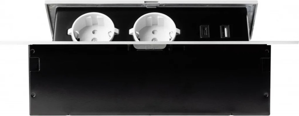Priză încorporabilă în blat GTV, 2 prize Schuko, USB A + C, alb, 265 x130 mm Aluminiu/ plastic, Alb, L:265 mm; l:130 mm; H:110 mm