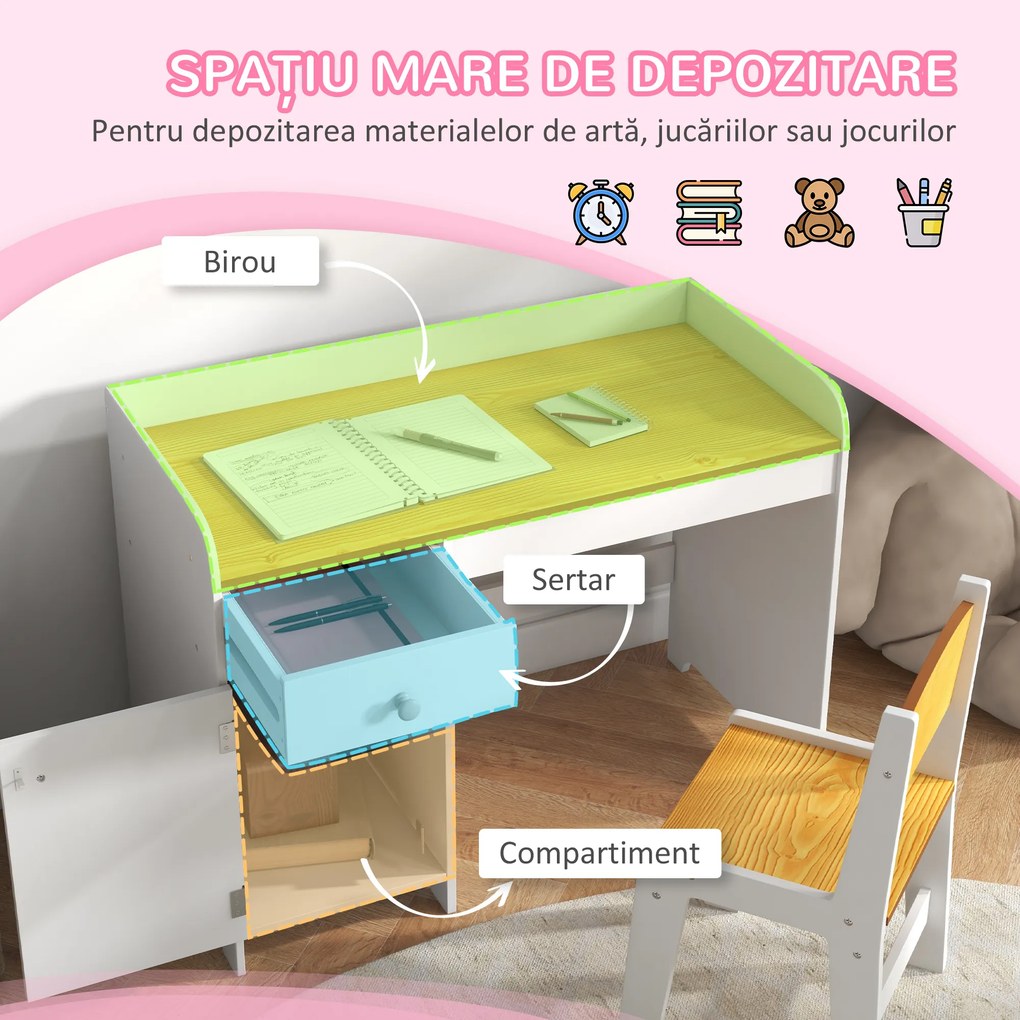 Masa de birou ZONEKIZ pentru copii cu scaun, birou de scoală pentru copii de 3-6 ani din lemn cu sertar si scaun asortat, alb | Aosom Romania