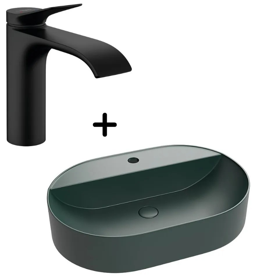 Set lavoar baie verde inchis pe blat cu ventil inclus plus baterie neagra Hansgrohe Vivenis