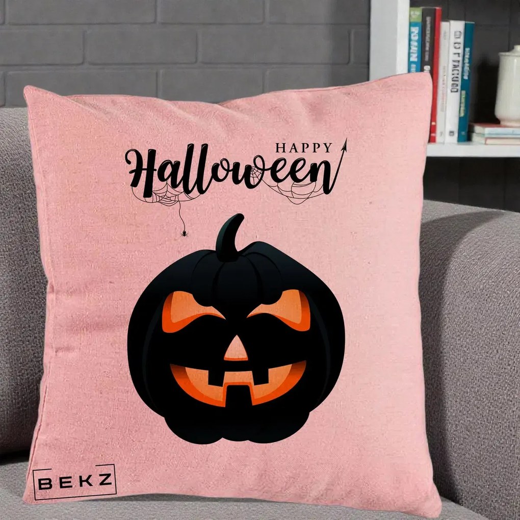 Perna Decorativa Happy Halloween Dovleac Negru cu Paianjen, 40x40 cm, Roz, Husa Detasabila, Perna Inclusa, BEKZ®