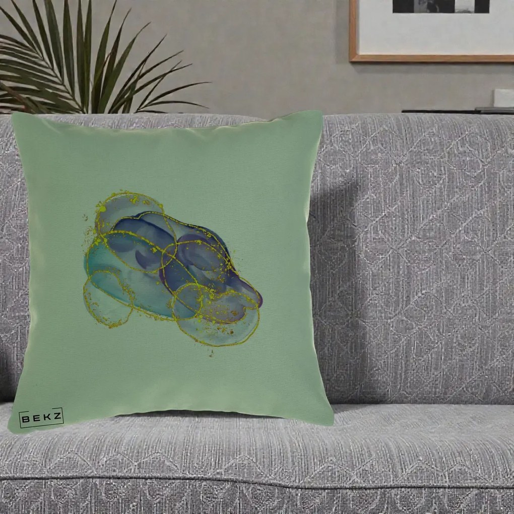 Perna Decorativa Abstract Acuarela Albastru-Mov cu Cercuri Aurii, 40x40 cm, Verde, Husa Detasabila, Perna Inclusa, BEKZ®