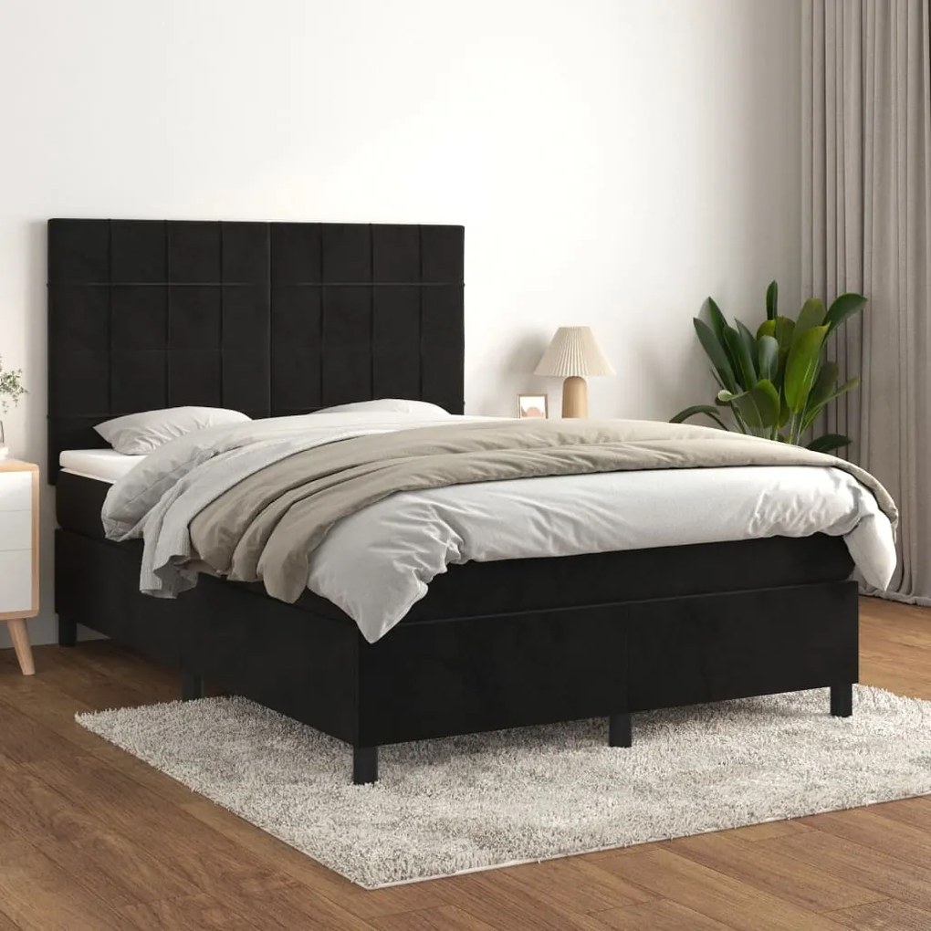 Pat box spring cu saltea, negru, 140x200 cm, catifea Negru, 140 x 200 cm, Cu blocuri patrate