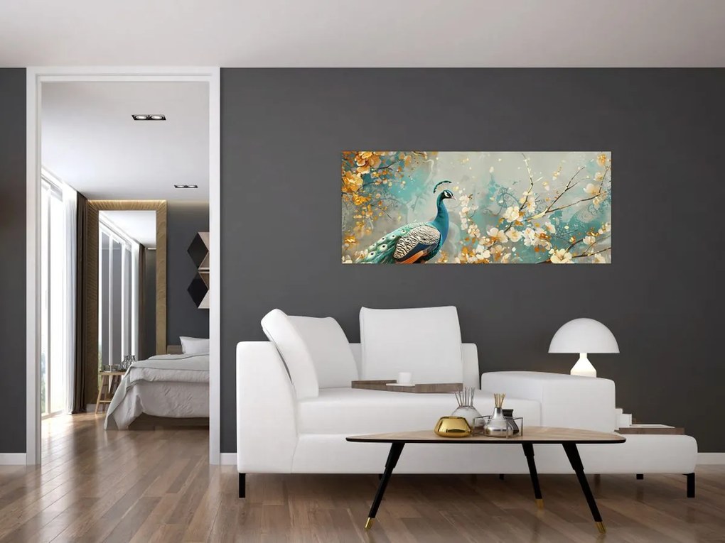 Tablou - Păun cu decor de aur (120x50 cm)