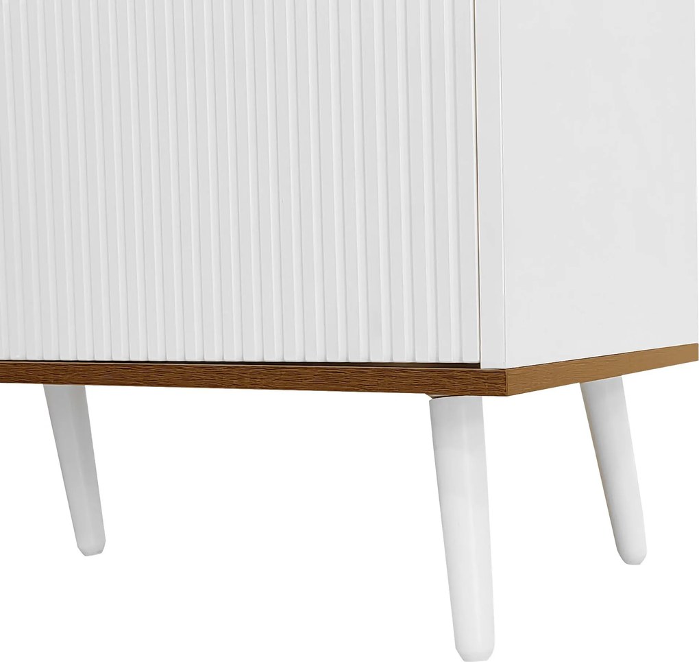 Comodă TV cu 3 uși, picioare din lemn și margine înaltă, 160x39x49,5 cm, Culoare naturală+Alb