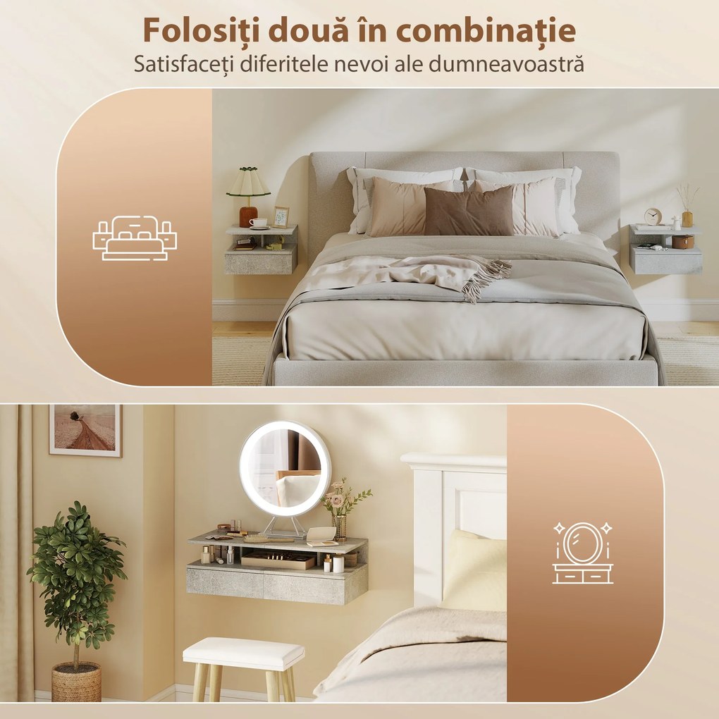 HOMCOM Set de 2 Noptiere Suspendate cu Sertar și Raft Deschis, 35x32x22.5 cm, Gri Ciment | Aosom Romania