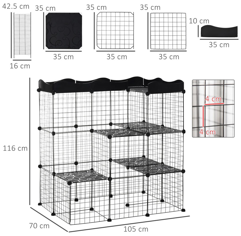 PawHut Țarc Modular pentru Animale de Talie Mică, cu Panouri și Accesorii, 105x70x116 cm, Negru | Aosom Romania