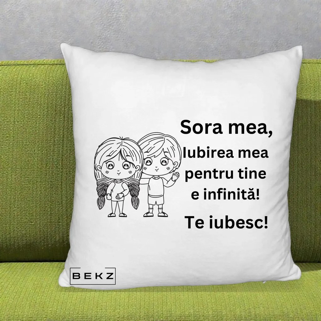Cadou pentru Sora - Perna Personalizata Sora Mea Te Iubesc Copii Anime Line Art, 40x40 cm, Alb Pufos, Husa Detasabila, Perna Inclusa, BEKZ®