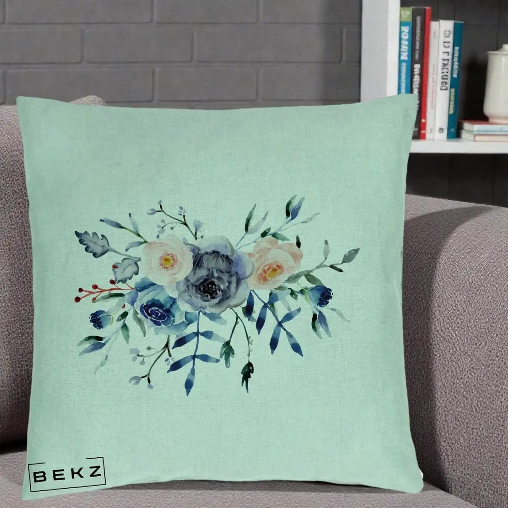 Perna Decorativa Buchet Flori Albastre Acuarela, 40x40 cm, Verde Menta, Husa Detasabila, Perna Inclusa, BEKZ®