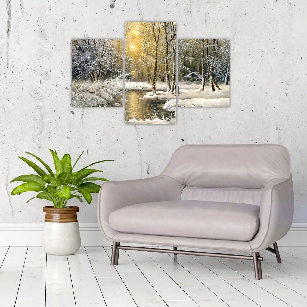 Tablou - Cabană în pădure, pictură în uei (90x60 cm)