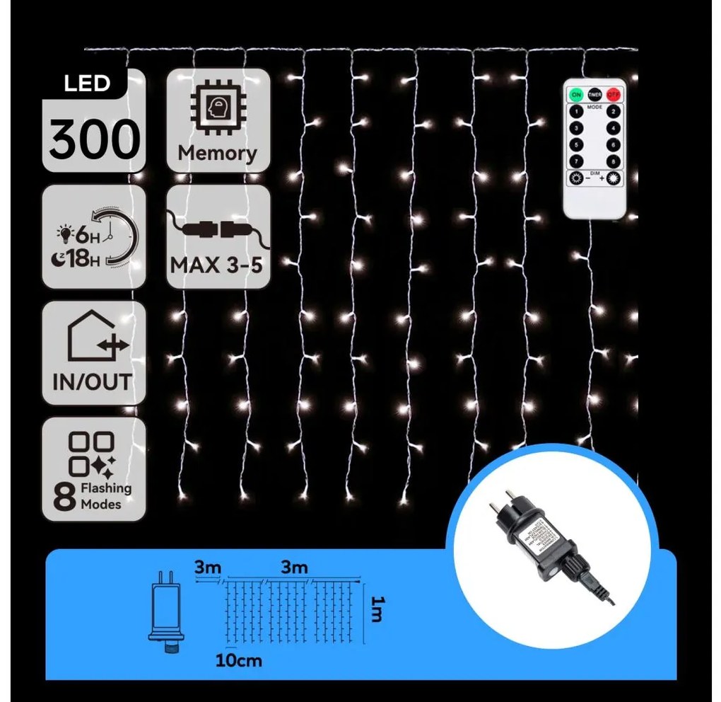 Aigostar - Ghirlandă LED de Crăciun pentru exterior, 300 LED, 6W, 230V, 8 funcții, 3x1 m, IP44, alb rece, cu telecomandă