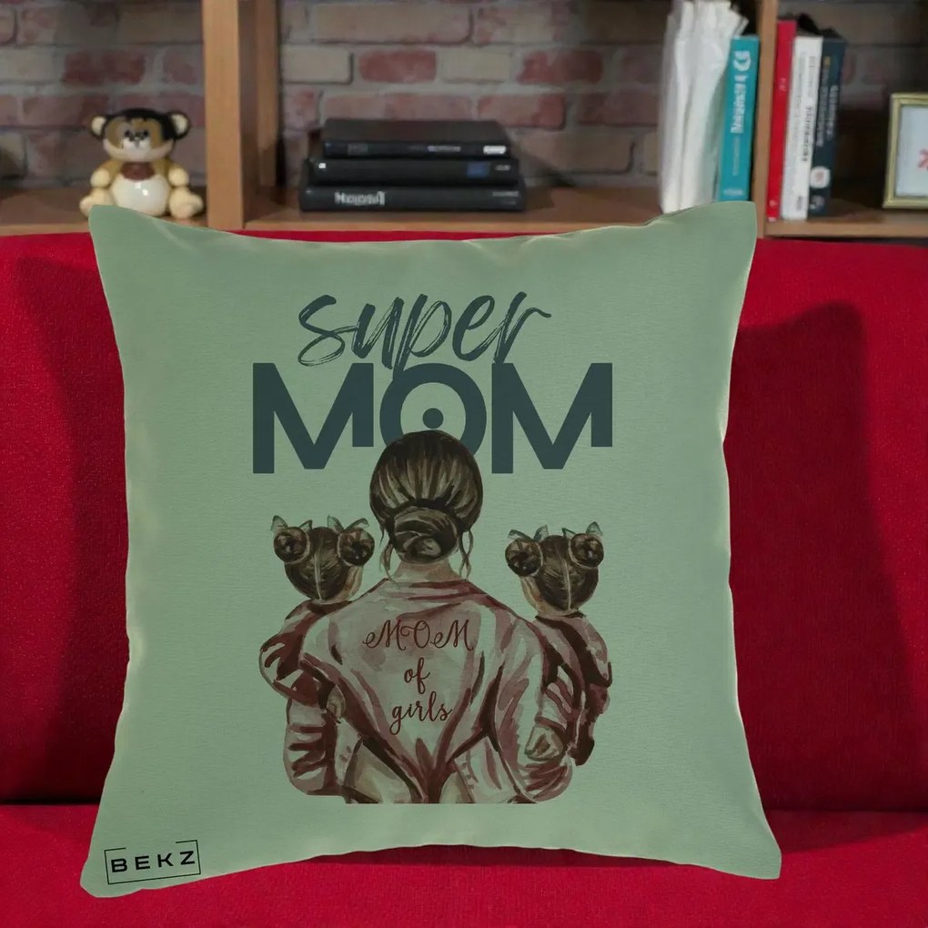 Cadou pentru Mama - Perna Personalizata Super Mom of Girls Mama cu Gemene, 40x40 cm, Verde, Husa Detasabila, Perna Inclusa, BEKZ®