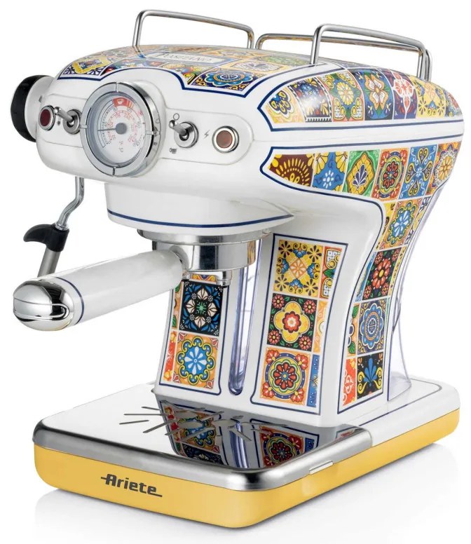 Espressor manual Ariete Positano 1389/1P, 850W, 15 bar, 0.9 L, Spumator de lapte, Cafea macinata si doze ESE, Alb/Galben