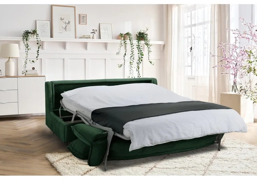 Canapea verde extensibilă cu tapițerie din catifea reiată 184 cm Isadora – Bobochic Paris