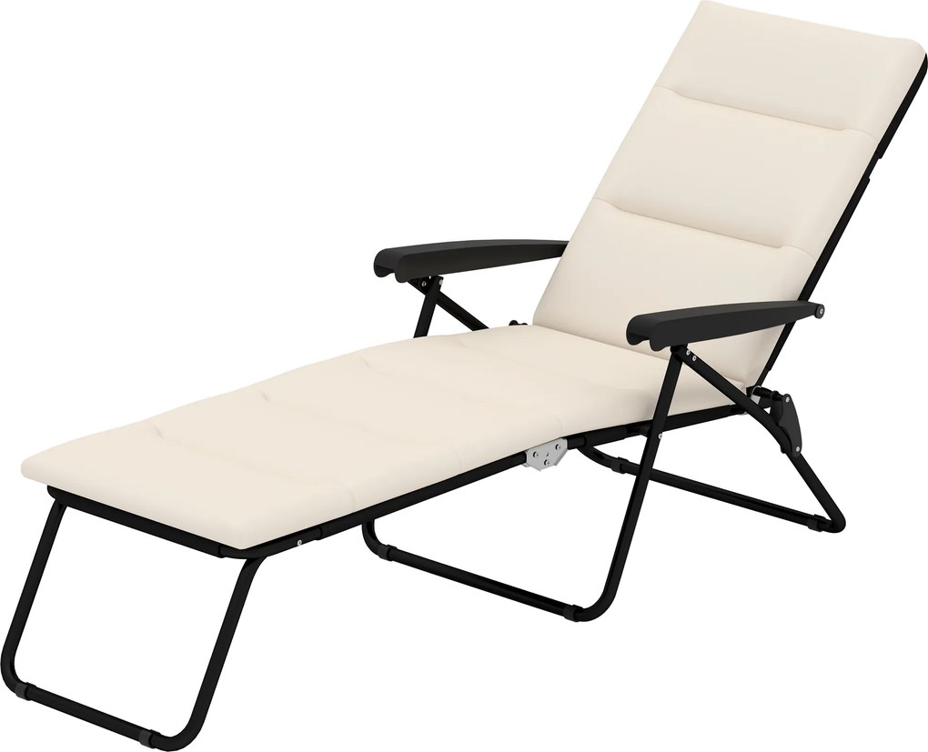 Outsunny Șezlong pliabil reglabil 6 poziții cu saltea + cotiere oțel/poliester 153 x 58,5 x 89 cm crem | Aosom Romania