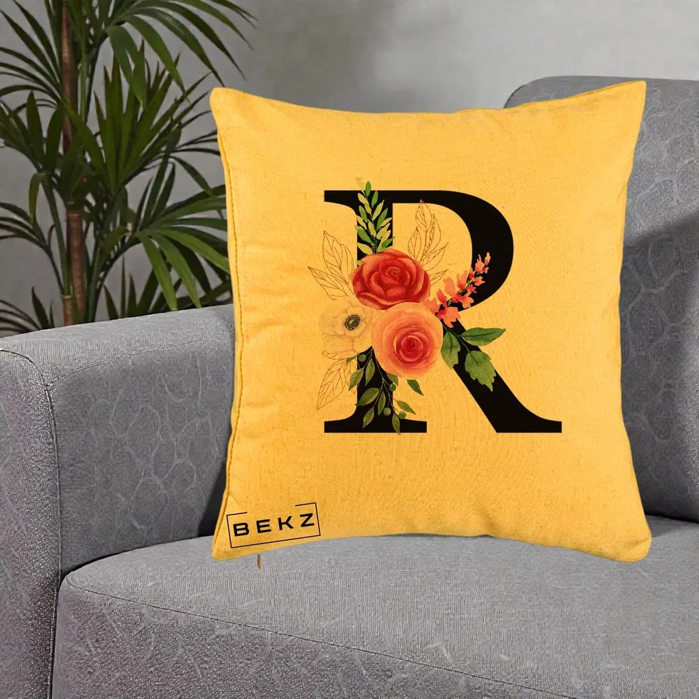 Cadou Personalizat - Perna Personalizata Monograma Florala Litera R, 40x40 cm, Galben, Husa Detasabila, Perna Inclusa, BEKZ®