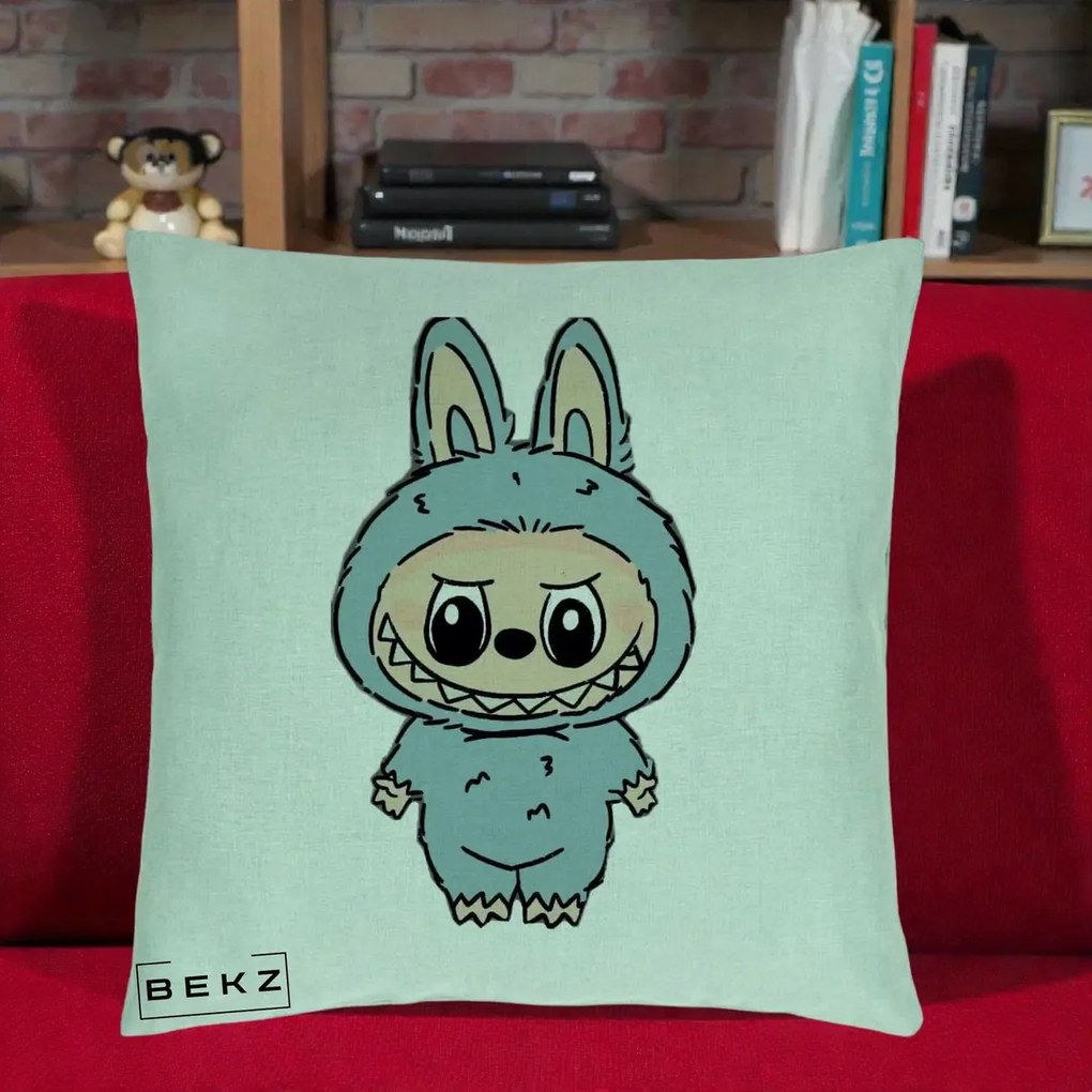 Perna Personalizata Labubu Albastru-Gri Solo, 40x40 cm, Verde Menta, Husa Detasabila, Perna Inclusa, BEKZ®
