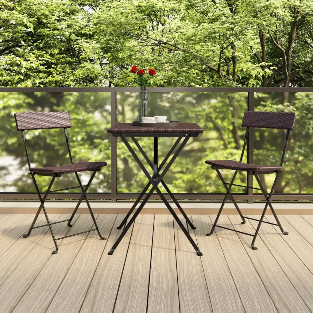 319990 vidaXL Set mobilier bistro pliabil, 3 piese, maro, poliratan
