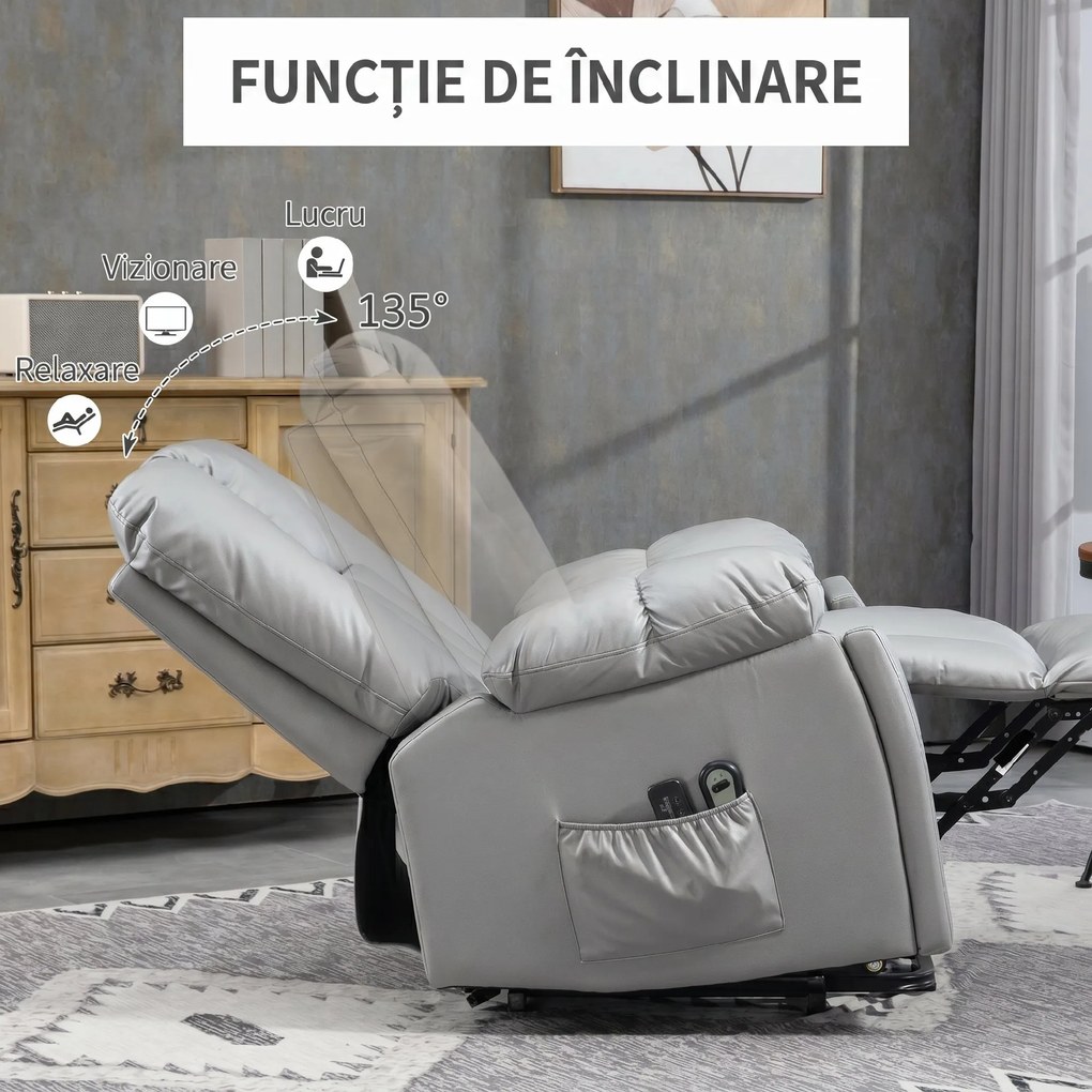 HOMCOM Scaun Electric Rabatabil cu 8 Puncte de Masaj și Telecomandă, Fotoliu Modern din Microfibră, 94x96x106 cm, Gri | Aosom Romania