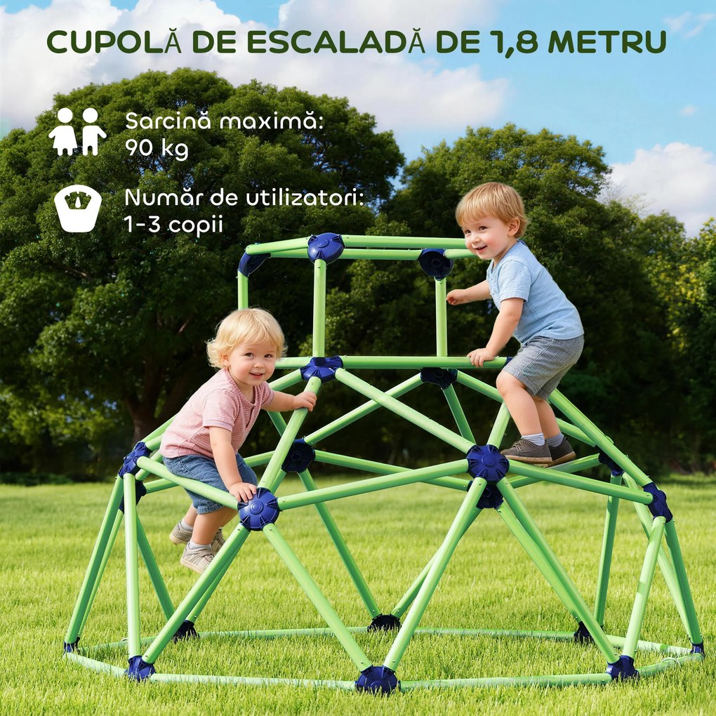 AIYAPLAY Cupolă de Cățărat pentru Copii 3-8 Ani, pentru Interior și Exterior, cu Margini Netede, din Plastic, 182,5x182,5x119 cm, Verde și Violet | Aosom Romania