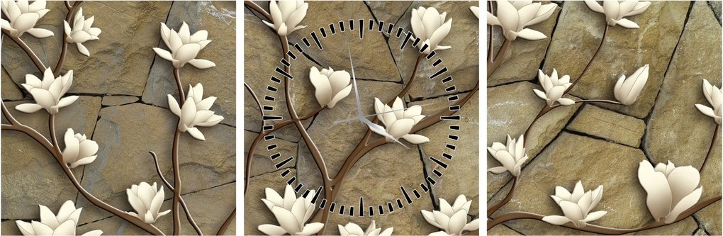Tablou - Magnolii albe pe zidărie de piatră (cu ceas) (90x30 cm)