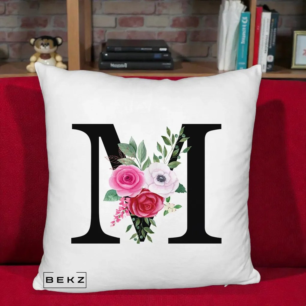 Cadou Personalizat - Perna Personalizata Monograma Florala Litera M cu Trandafiri si Anemona, 40x40 cm, Alb Pufos, Husa Detasabila, Perna Inclusa, BEKZ®