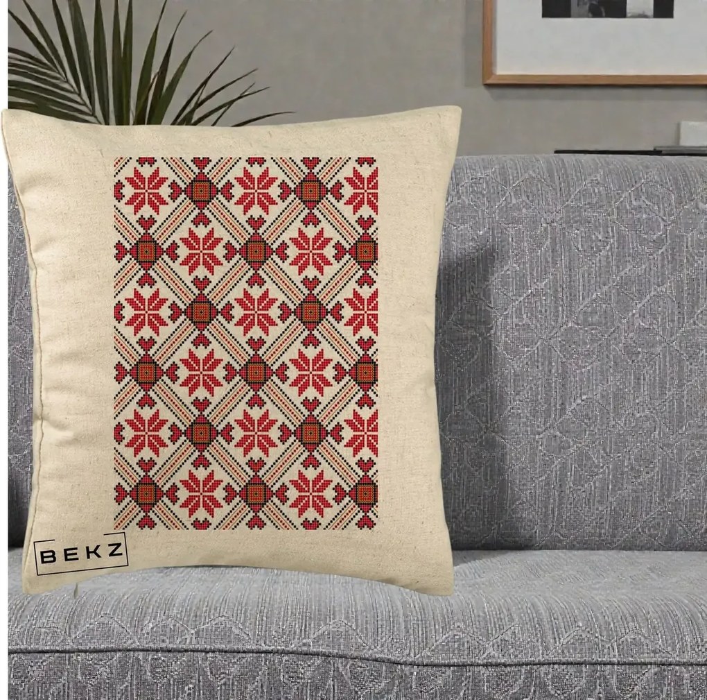 Perna Personalizata Motiv Traditional Ie Romaneasca Rosu, 40x40 cm, Bej, Husa Detasabila, Perna Inclusa, BEKZ®