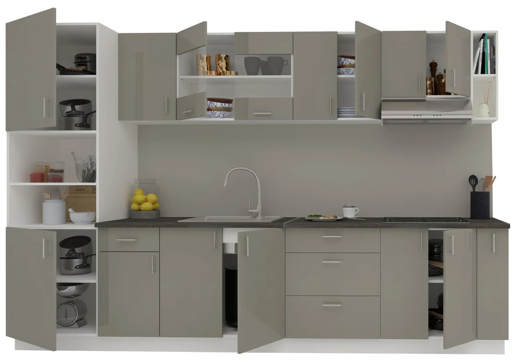 Set Bucatarie Karo V29, Gri Lucios/Alb, MDF, Blat Thermo 28 mm, L 320 cm